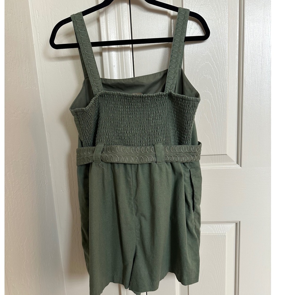 CAROLINE CONSTAS Olive Green Linen Blend Romper Belted Leaf Cutout Size L - Picture 3 of 8